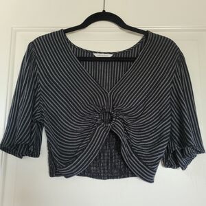 Striped Black and White Women's Boho American Eagle Cutout Crop Top